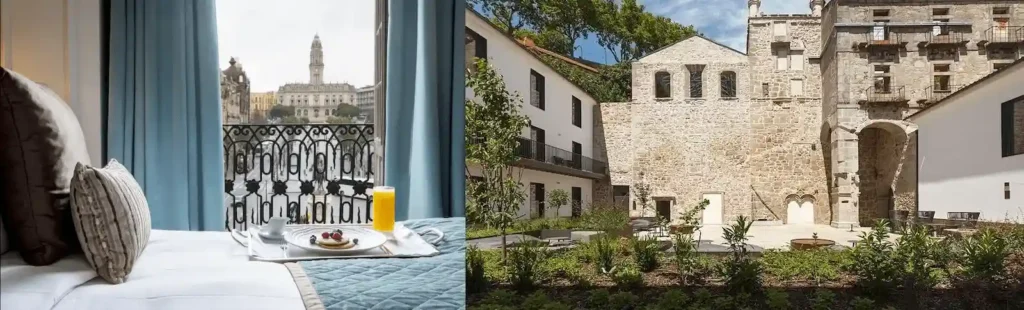 The 18th-century neoclassical facade of the InterContinental Porto Palácio das Cardosas overlooking Praça da Liberdade paired with the original 16th-century Manueline stone cloisters of the Madre de Deus convent at NEYA Porto Hotel, two of the best hotels in Porto.