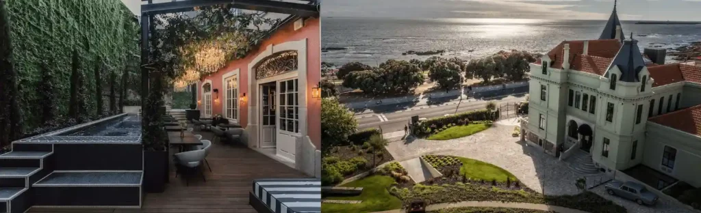 The romantic pink-walled garden terrace of Torel Palace Porto with crystal chandeliers and a lap pool paired with an aerial view of the 19th-century palatial manor and seaside gardens of Vila Foz Hotel & Spa, two of the best hotels in Porto.