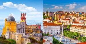 A merged view of the colorful Pena National Palace in Sintra and the historic Rossio Square in Lisbon, representing the architectural soul and the best historic hotels in Portugal.