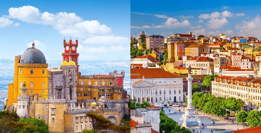 A merged view of the colorful Pena National Palace in Sintra and the historic Rossio Square in Lisbon, representing the architectural soul and the best historic hotels in Portugal.
