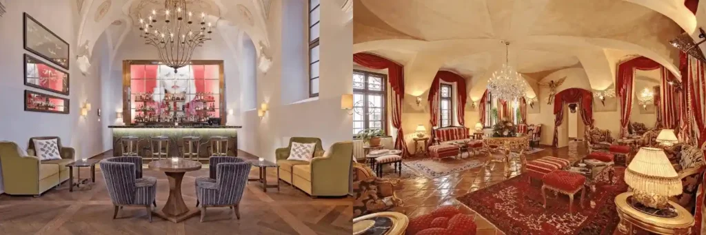 Best hotels in Prague: A comparison of the 13th-century vaulted Refectory Bar at Augustine, a Luxury Collection Hotel and the gilded Baroque Royal Suite living room at Alchymist Grand Hotel & Spa.