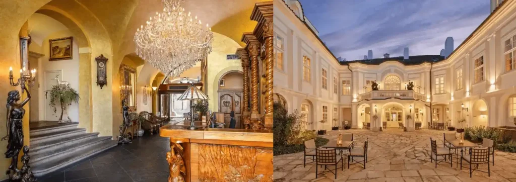 Best hotels in Prague: A merged view of the historic 14th-century lobby at Iron Gate Hotel & Suites and the ornate 18th-century Baroque courtyard at The Mozart Prague.
