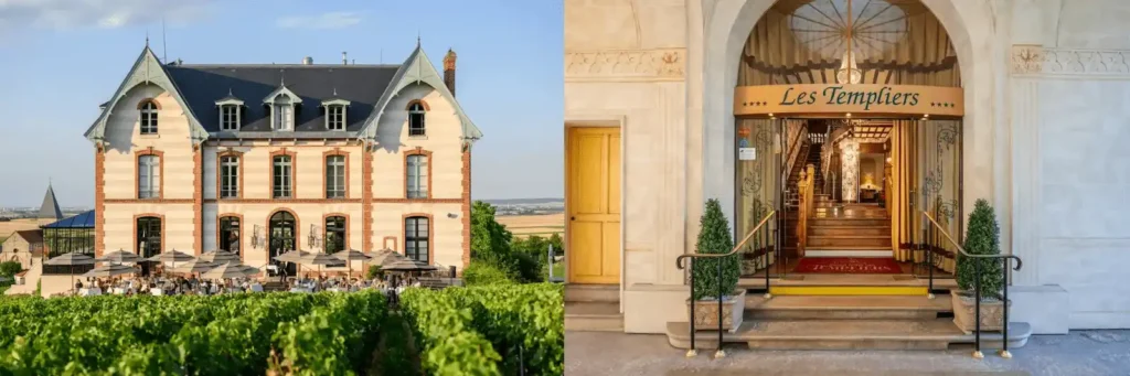 A split-screen view of two of the best hotels in Reims: the 19th-century Château de Sacy overlooking vineyards and the neo-Gothic interiors of Grand Hôtel des Templiers.