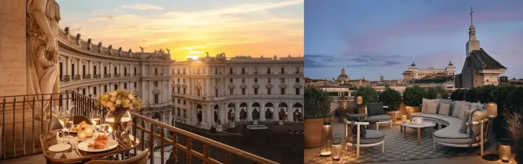 A merged view of the best hotels in Rome: the 19th-century crescent marble facade of Anantara Palazzo Naiadi and the NOTOS rooftop garden view at Six Senses Rome.