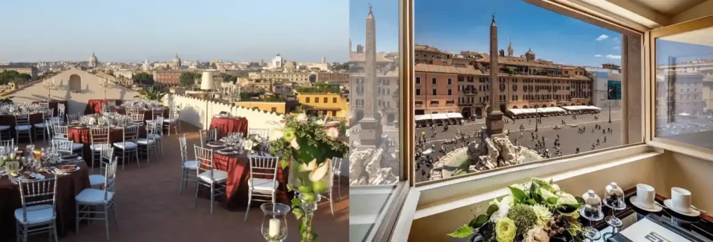 A merged view of the best hotels in Rome: the rooftop terrace of the 17th-century Donna Camilla Savelli convent and a window view of Piazza Navona from the historic Palazzo Pamphilj at Eitch Borromini.