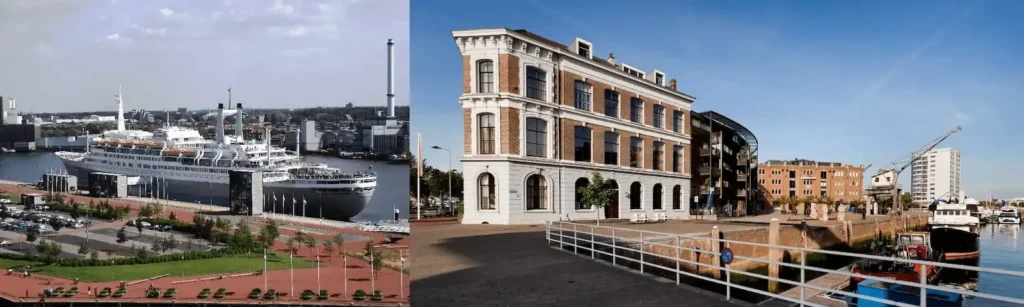 A merged view of the ss Rotterdam and Suite Hotel Pincoffs, showcasing the maritime legacy and the best hotels in Rotterdam.