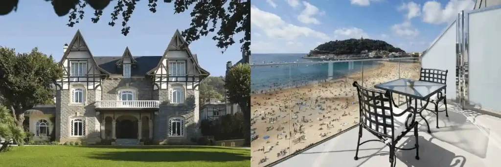 The historic stone facade of the 19th-century Hotel Villa Soro and the panoramic La Concha beach view from a balcony at Villa Favorita, highlighting the best hotels in San Sebastian.