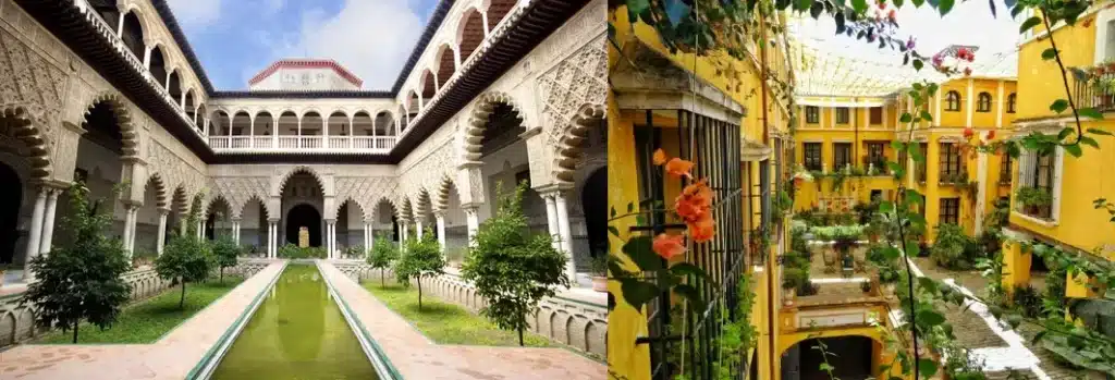 A composition of the 15th-century Renaissance arches of Palacio Pinello and the historic interconnected houses and courtyards of Las Casas de la Judería among the best hotels in Seville.