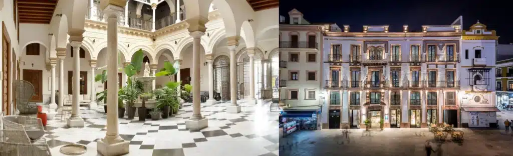 Best hotels in Seville split view comparing the 18th-century Baroque courtyard of Palacio Villapanés with the historic colonial-era architecture of Intelier Casa de Indias.