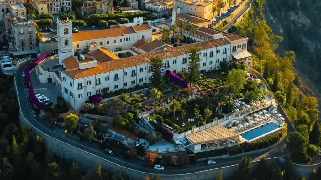 The 14th-century Dominican monastery cloister at San Domenico Palace in Taormina, a premier landmark among the best hotels in Sicily.