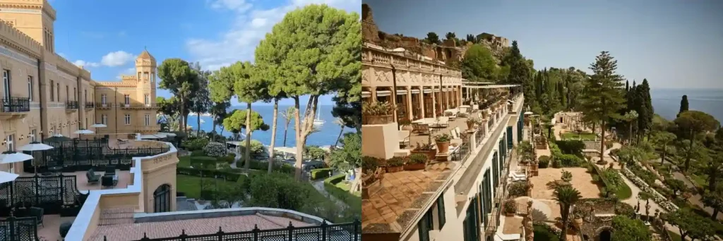 A merged view of the best hotels in Sicily: the Belle Époque seaside facade of Villa Igiea in Palermo and the panoramic terrace of Grand Hotel Timeo overlooking Mt. Etna.