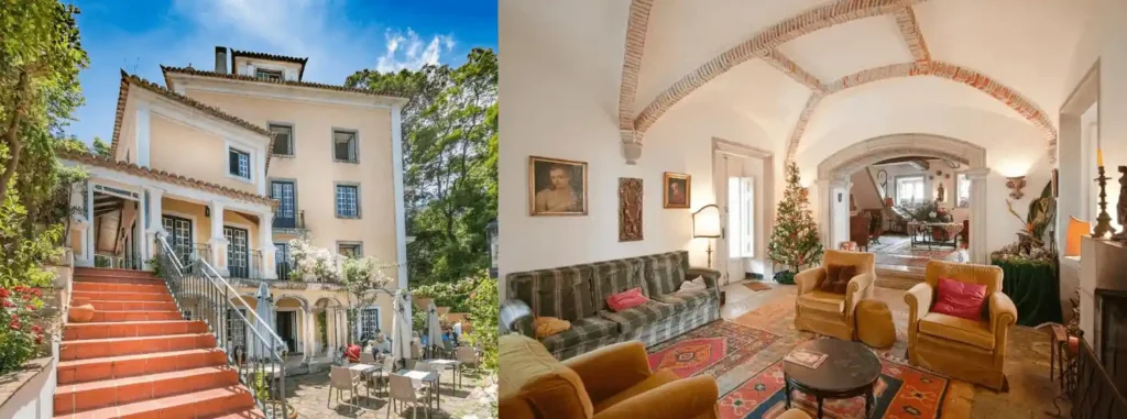 The 18th-century exterior of Lawrence's Hotel, the oldest inn in Iberia and former home of Lord Byron, paired with the vaulted ceilings and 16th-century noble interiors of Quinta de São Thiago, representing the best hotels in Sintra.