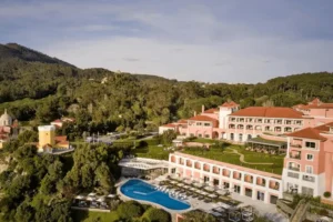 A distant panoramic view of Penha Longa Resort, a former 14th-century royal monastery and palace nestled in the Sintra hills, one of the best hotels in Sintra.