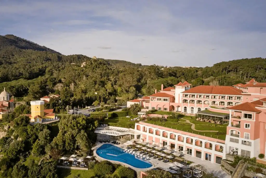 A distant panoramic view of Penha Longa Resort, a former 14th-century royal monastery and palace nestled in the Sintra hills, one of the best hotels in Sintra.