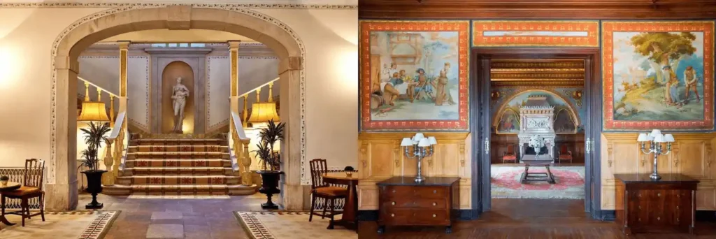 The opulent 18th-century neoclassical grand staircase and frescoed salons of Valverde Sintra Palácio de Seteais paired with the historic monastic architecture and religious art of the 14th-century Penha Longa Resort, highlighting the best hotels in Sintra.