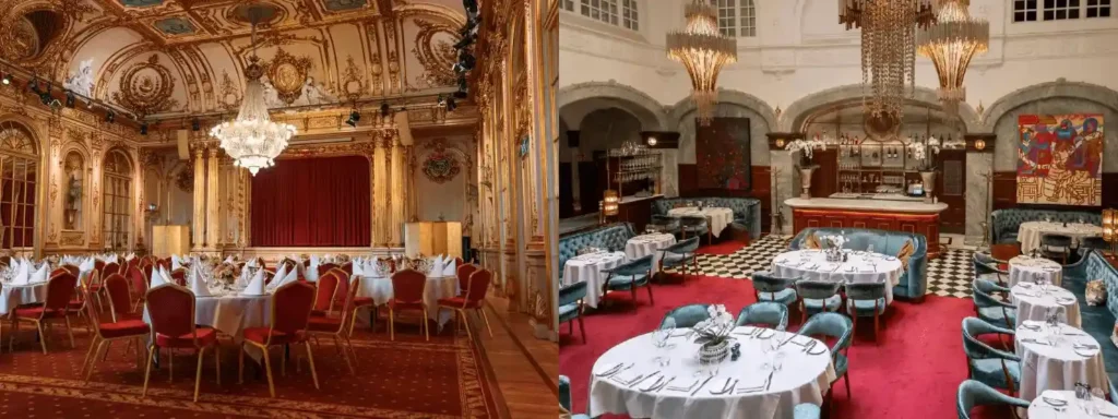 A side-by-side view of the opulent Spegelsalen (Hall of Mirrors) at Grand Hôtel Stockholm and the contemporary luxury of Bonnie’s restaurant at Bank Hotel, showcasing the best hotels in Stockholm.