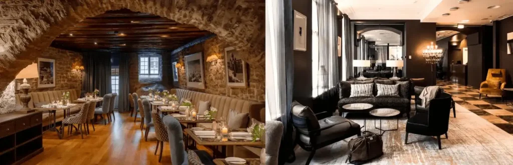 A composite of two of the best hotels in Tallinn, showcasing the medieval Stenhus dining room at Schlössle Hotel and the grand 19th-century Neo-Renaissance lobby of Hotel Telegraaf.