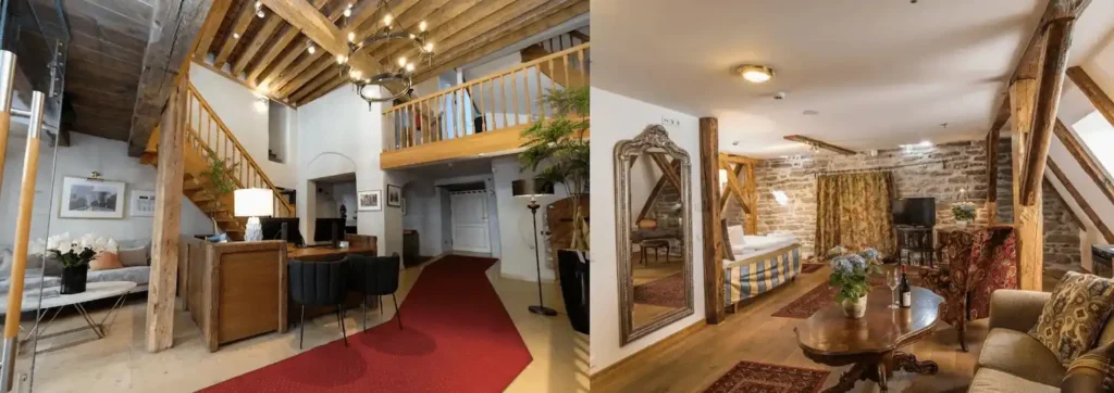 A composite view of two of the best hotels in Tallinn, featuring a historic guest room in The Three Sisters with 14th-century architectural details and a romantic medieval bedroom at Hotel Cru.