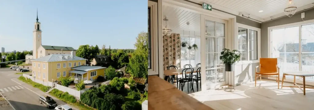 Best hotels in Tampere include the Lillan Hotel, featuring a 1928 historic wooden nursing home facade and a sun-drenched glass veranda interior.
