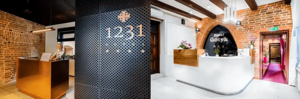 Best hotels in Torun: A merged view of the modern copper reception desk set against 13th-century brickwork at Hotel 1231 and the Gothic-arched lobby entrance of Hotel Gotyk.