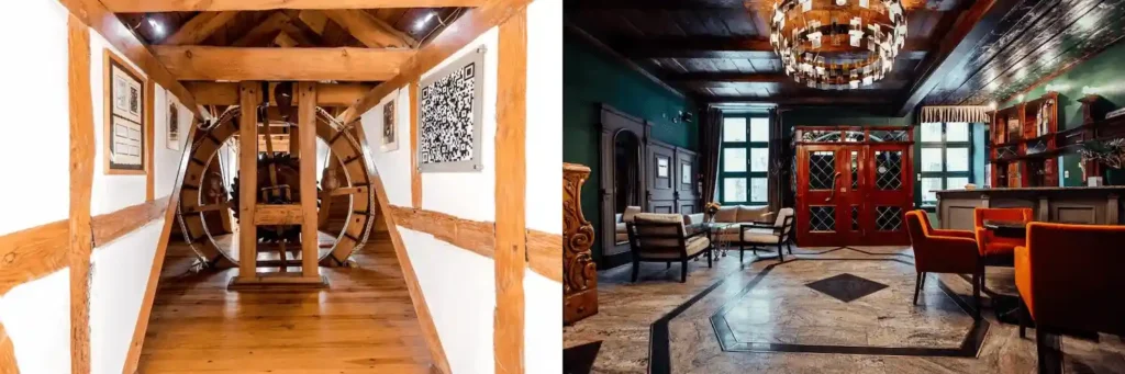 Best hotels in Torun: A merged image featuring the original 18th-century mechanical crane wheel at Hotel Spichrz and the atmospheric Mannerist interior of Hotel Heban.