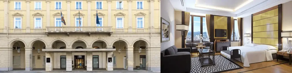 A merged view of the best hotels in Turin: the historic 19th-century facade of Turin Palace Hotel and the 1930s rationalist luxury of Principi di Piemonte.