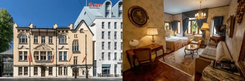 Audited for Best Hotels in Turku: The 1904 Art Nouveau facade of Hamburger Börs and a boutique bedroom in the 1902 Park Hotel.