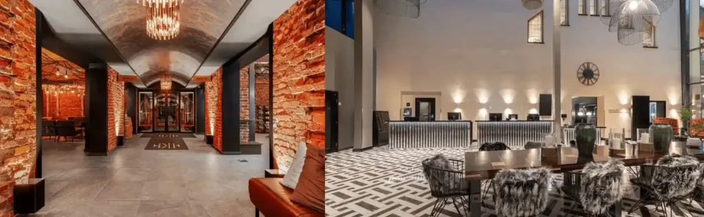 Audited for Best Hotels in Turku: Red-brick 1853 prison corridors of Hotel Kakola and the 1920s-era lobby of Turun Seurahuone.