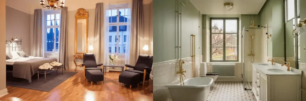 A side-by-side view of a 1907-styled bedroom at Grand Hotell Hörnan with high ceilings and a modern functionalist bathroom with heated floors at Akademihotellet, part of the best hotels in Uppsala.