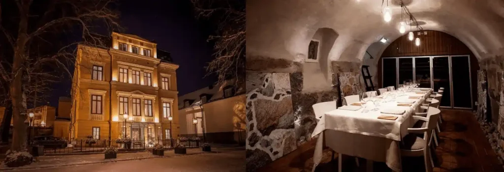 A side-by-side view of the illuminated 1874 red-brick facade and the historic vaulted stone wine cellar restaurant at Hotel Villa Anna, one of the best hotels in Uppsala.
