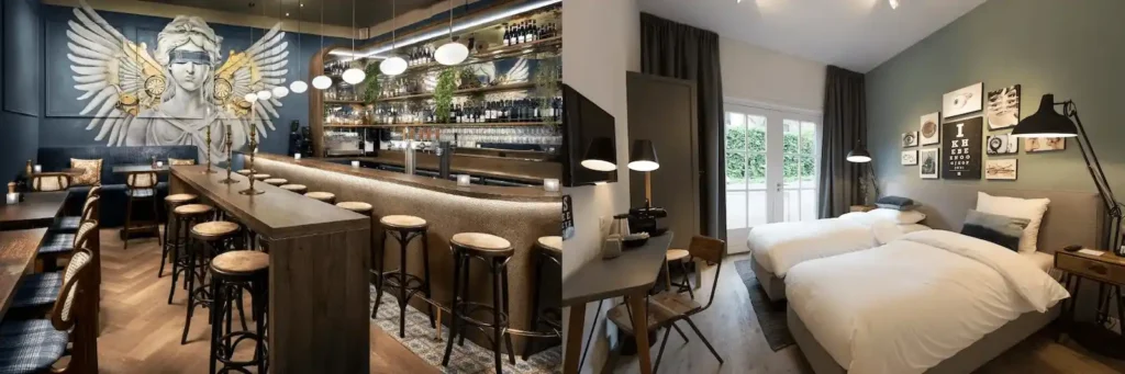 A merged view of the stylish modern bar area inside the former 19th-century courthouse of the Court Hotel and a minimalist bedroom featuring original eye-chart artwork at the Eye Hotel, reflecting the unique scientific and judicial soul and the best hotels in Utrecht.
