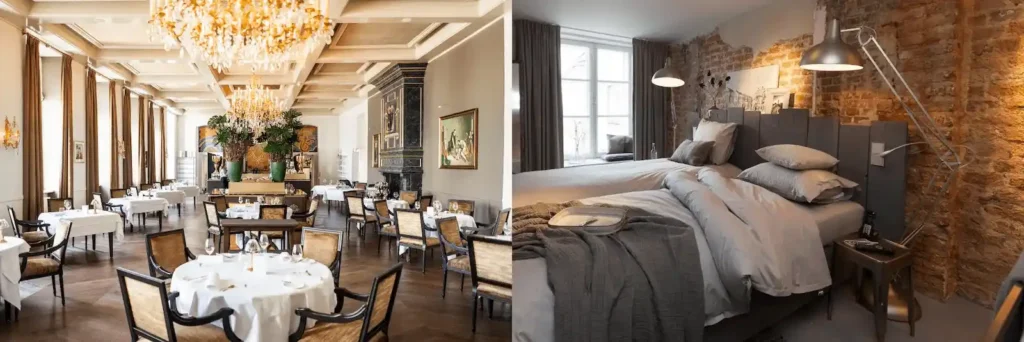 A merged view of the monumental medieval dining hall of Grand Hotel Karel V and a rustic bedroom with authentic exposed brick walls at Mother Goose Hotel, showcasing the diverse architectural soul and the best hotels in Utrecht.