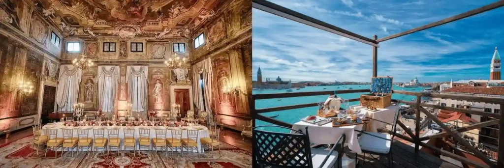 A merged view of the best hotels in Venice: the historic 15th-century Portego ballroom at Ca’ Sagredo Hotel and the wooden Altana rooftop terrace at Hotel Londra Palace overlooking the Venetian skyline and lagoon.