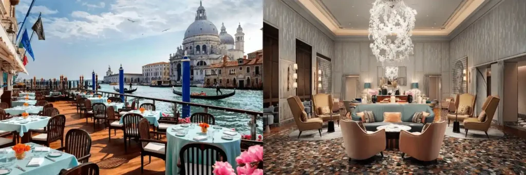 A merged view of the best hotels in Venice: the Club del Doge terrace at The Gritti Palace overlooking the Santa Maria della Salute Basilica and the historic Great Hall reception at The St. Regis Venice.