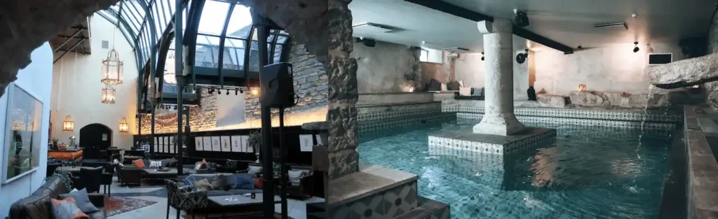 The restored 13th-century medieval alleyway and the atmospheric stone-vaulted Selma City Spa pool, showcasing the absolute historical assets of the best hotels in Visby.