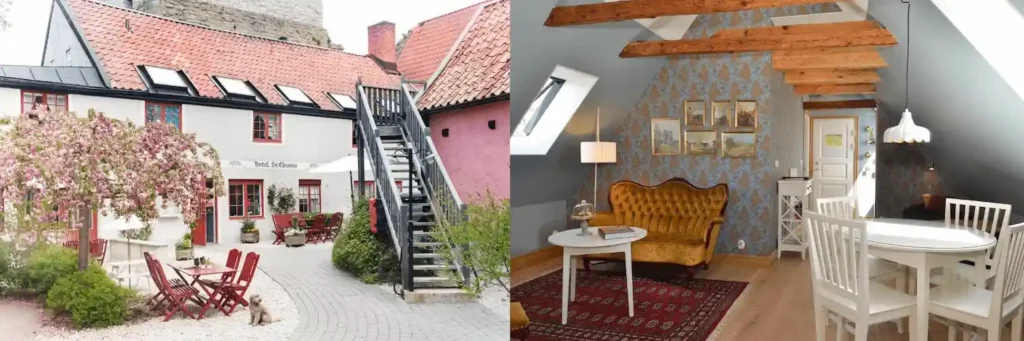 A side-by-side view of the historic 17th-century facade and a retro-styled bedroom with floral wallpaper at Hotell S:t Clemens, one of the best hotels in Visby.