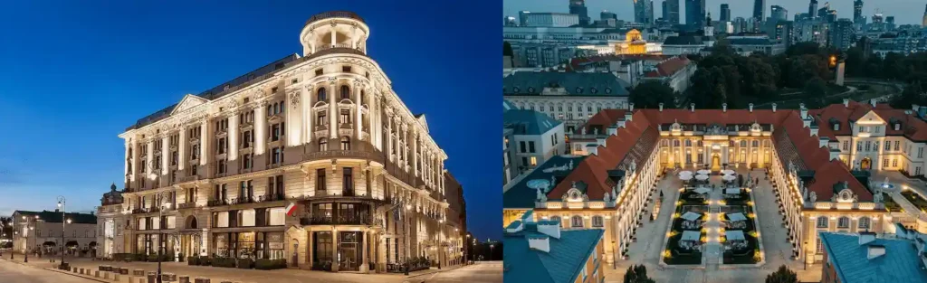 Best hotels in Warsaw: A merged image showcasing the 1901 Neo-Renaissance facade of Hotel Bristol and the meticulously restored 18th-century Baroque exterior of the Branicki Palace at Hotel Verte.
