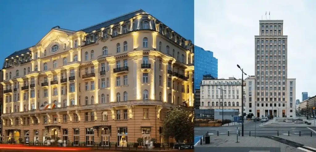 Best hotels in Warsaw: A merged image of the 1913 Beaux-Arts facade of Hotel Polonia Palace and the iconic 1933 Art Deco tower of Hotel Warszawa, both documented pre-war landmarks.
