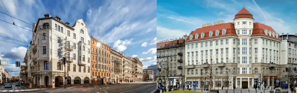 Best hotels in Wroclaw: A merged image showcasing the 1877 Belle Époque facade of Hotel Europejski and the 1908 Art Nouveau tower of Hotel Piast, the city's iconic historic gateway.