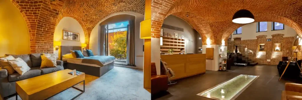 Best hotels in Wroclaw: A merged image of a luxury bedroom and the reception lobby at The Granary – La Suite Hotel, showcasing original 16th-century Renaissance brick vaults.