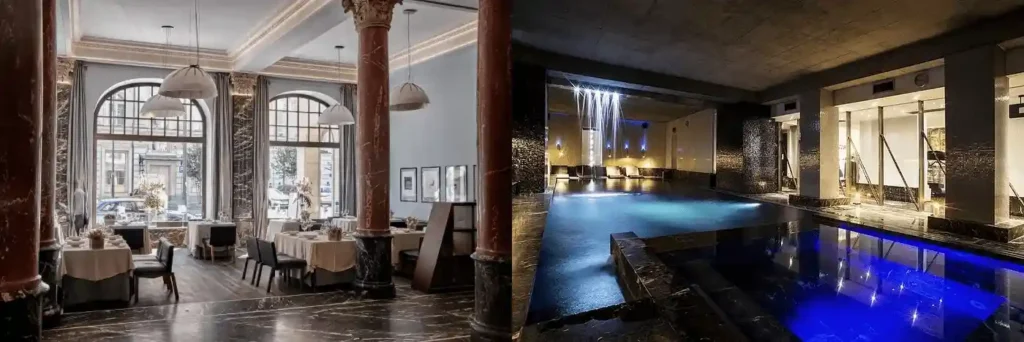 Best hotels in Wroclaw: A merged view of the elegant ground-floor restaurant and the atmospheric 19th-century subterranean swimming pool at Hotel Monopol.