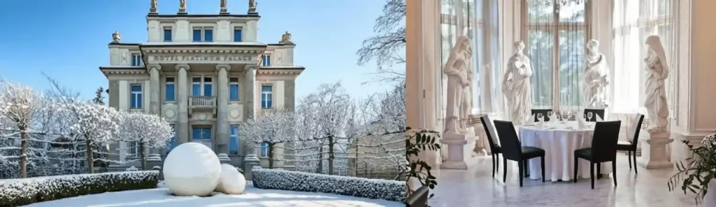 Best hotels in Wroclaw: A merged view of the snow-covered 1906 Neo-Renaissance facade of Platinum Palace and an aristocratic dining room featuring classical marble statues.