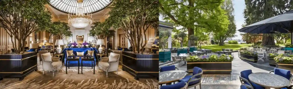 A merged view of the historic 'Le Hall' lobby where the Nobel Peace Prize was conceived and the Mediterranean 'Marguita' terrace overlooking the private park, representing the best hotels in Zurich.