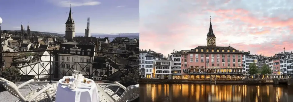 A merged view of the 80m² private penthouse rooftop terrace at the Widder Hotel overlooking the Old Town and the iconic rose-colored riverside facade of Storchen Zürich, representing the best hotels in Zurich.