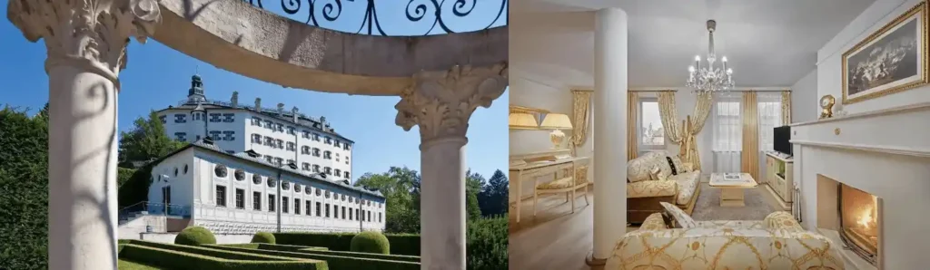 The 14th-century facade of Goldener Adler and the noble imperial room design of Hotel Schwarzer Adler, representing the best hotels in Innsbruck for historic heritage.
