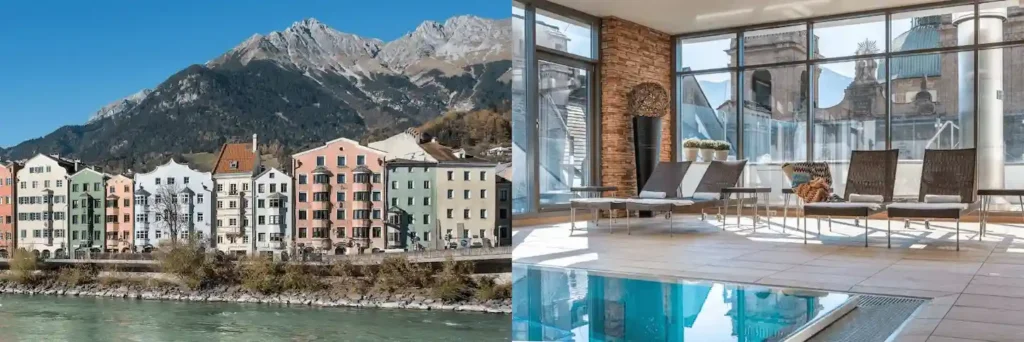 The 15th-century facade of Hotel Mondschein along the Inn River and the rooftop pool of Hotel Grauer Bär, representing the best hotels in Innsbruck for historic character.