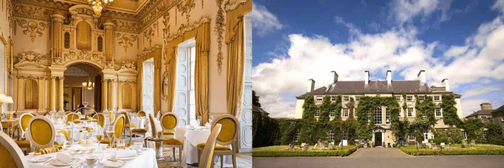 Irish luxury interior comparison: The Gold Salon at Carton House and Mount Juliet facade, two of the best heritage hotels in Ireland.