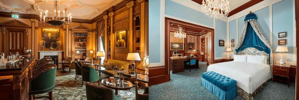 Best Hotels in London luxury interiors: The wood-paneled Library Bar spirits collection merged with a palatial Regency-style bedroom at The Lanesborough.