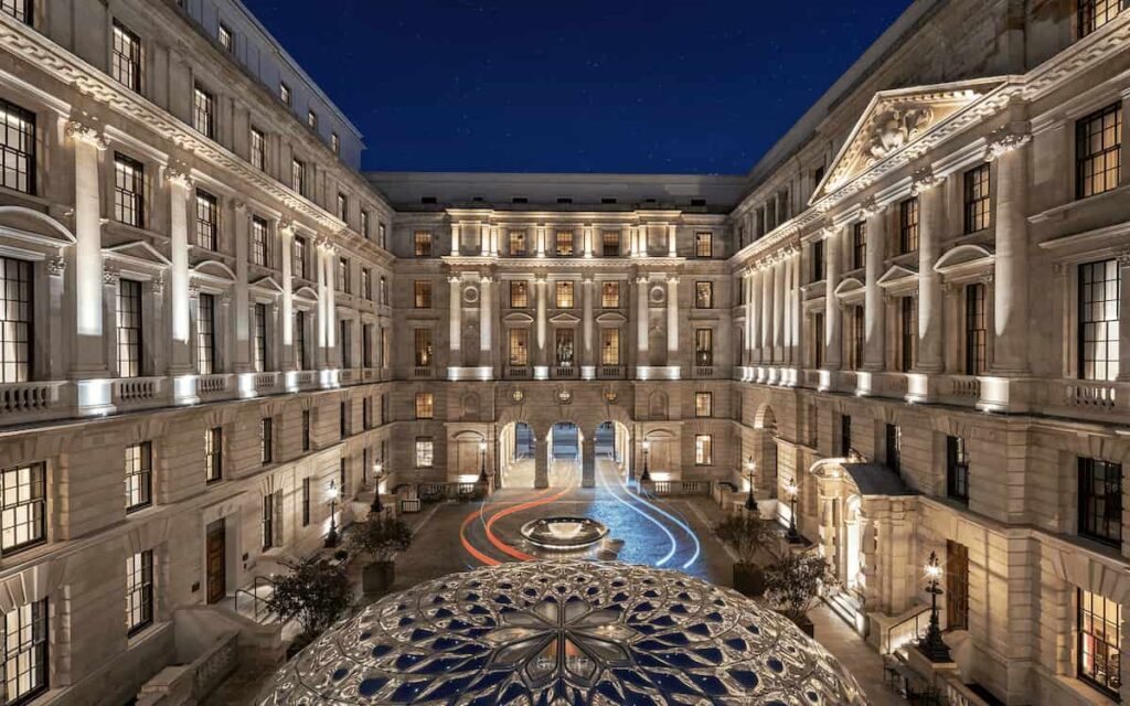 Best Hotels in London: The grand neoclassical exterior of Raffles London at The OWO, Churchill’s former Old War Office landmark.