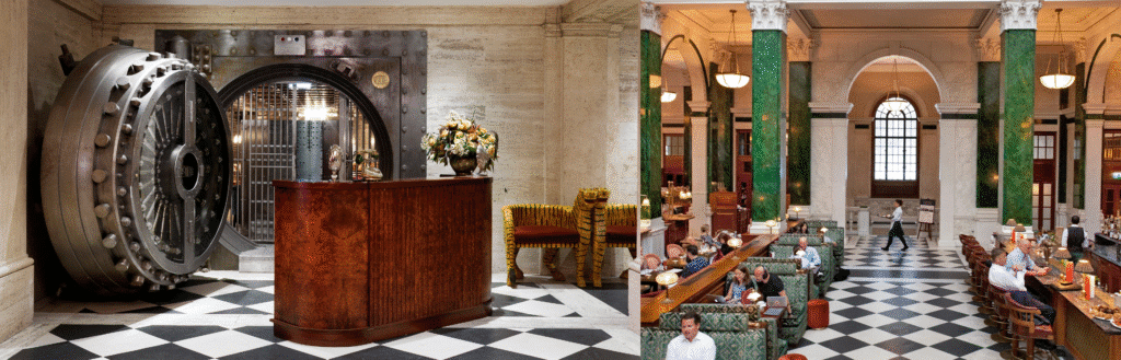 Best Hotels in London luxury banking hall: The 92 verdite columns of the Grand Food Hall merged with the original 20-tonne circular vault door at The Ned City of London.